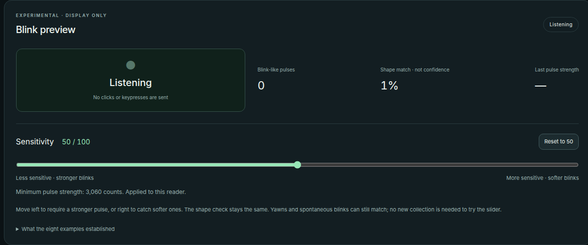 Blink preview in the actual browser controller, showing the match indicator and sensitivity control
