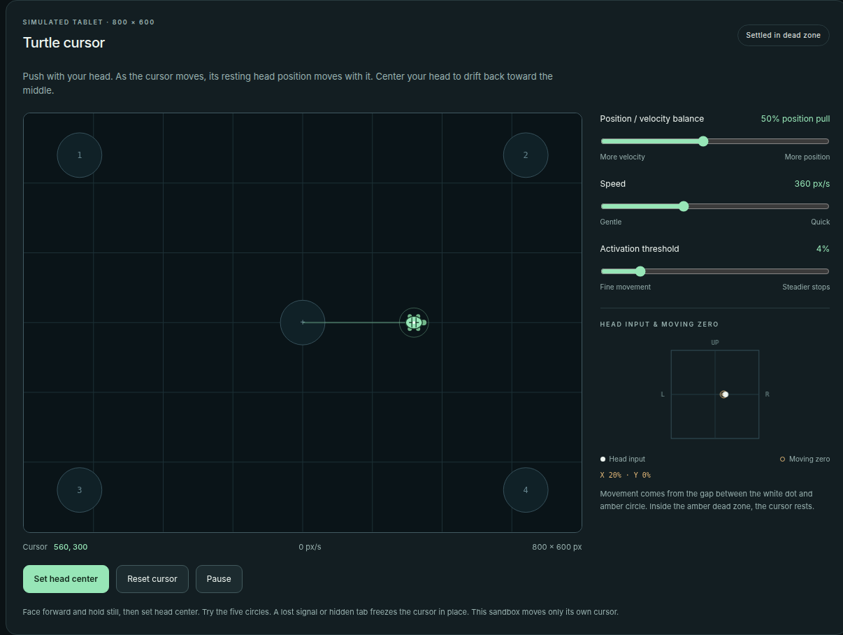 Turtle cursor in the project browser controller, with five targets and controls for balance, speed, and activation threshold